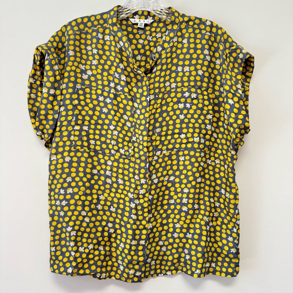 CAbi 100% Silk Clover Polka Dot Yellow Blouse Style #183 Button Down Boxy Cut XS - Picture 3 of 12